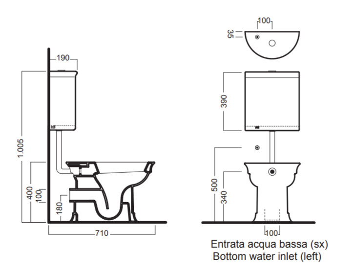 Бачки  для унитазов Бачок для унитаза на низкой трубе, с механизмом смыва 