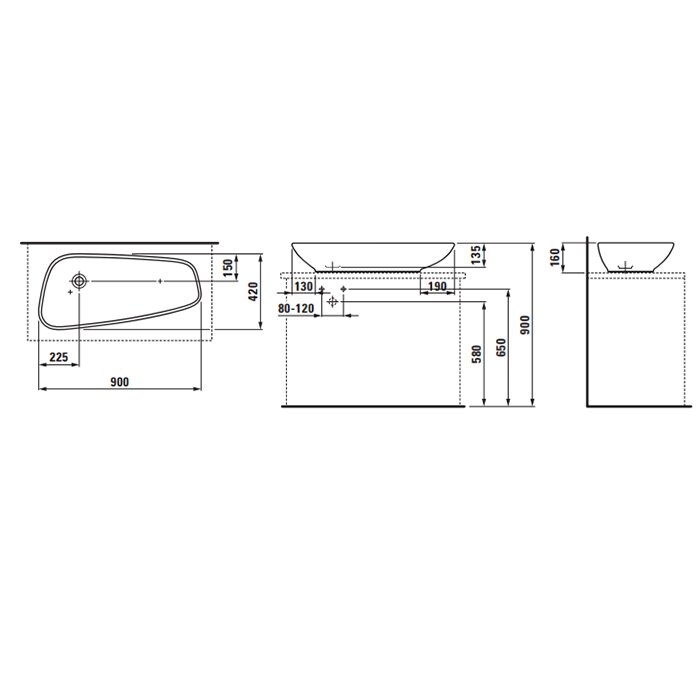 Раковины Раковина-чаша 900х420х160мм без перелива, без отв. под смеситель, с покр. LLC, цвет: белый 