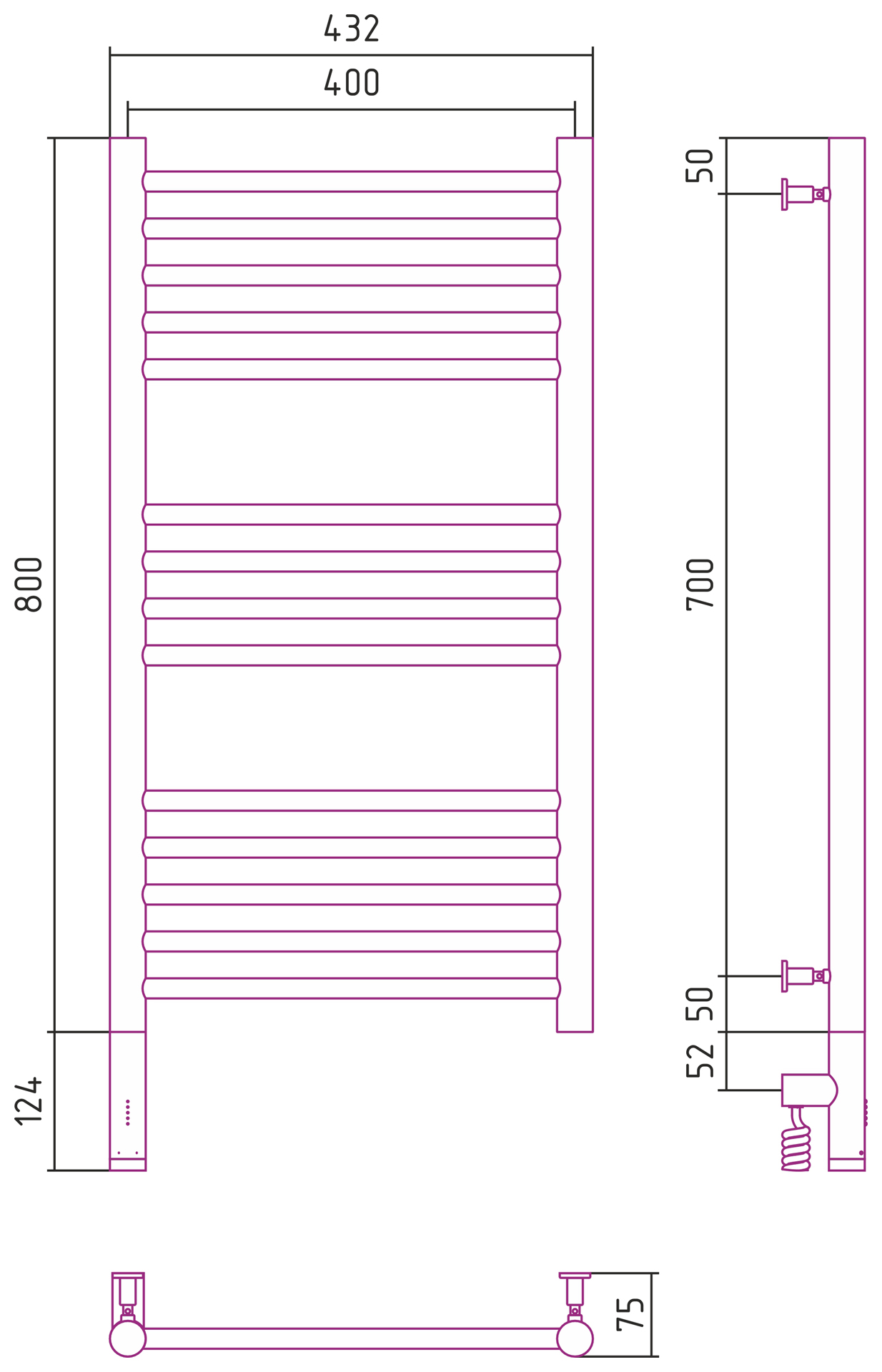 Полотенцесушители Радиатор электрический прямая 800х400 электрический модуль левый 