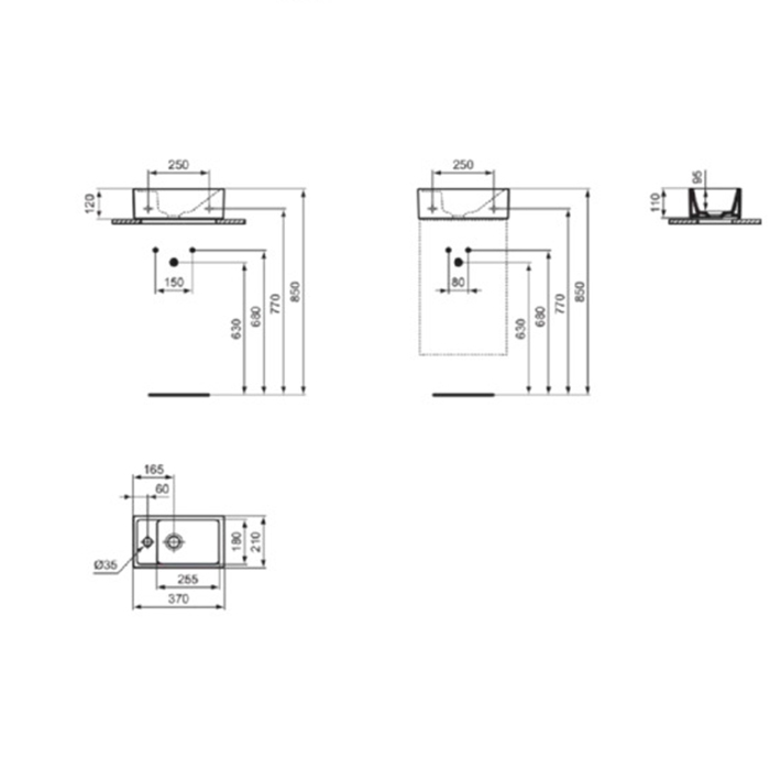Раковины Раковина 370х210xh120 мм, подвесная, с отверстием под смеситель слева, без перелива, без крепежа, цвет чёрный матовый 