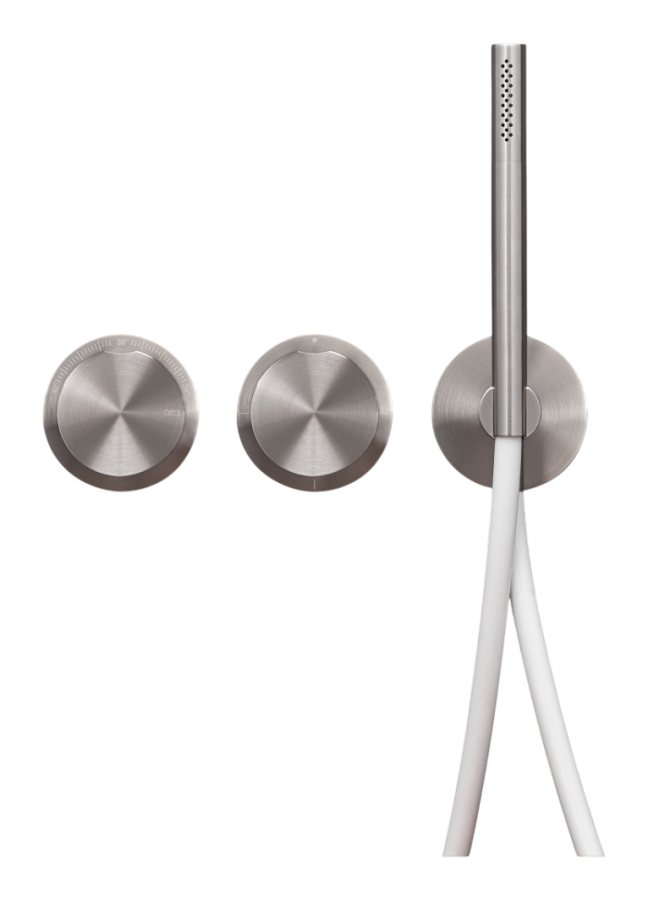 Смесители Термостат Giotto, настенный, на 3 отверстия, ручной душ Ø 80 мм, шланг в цвете Black, внешняя часть, сталь, цвет сатинированная бронза 