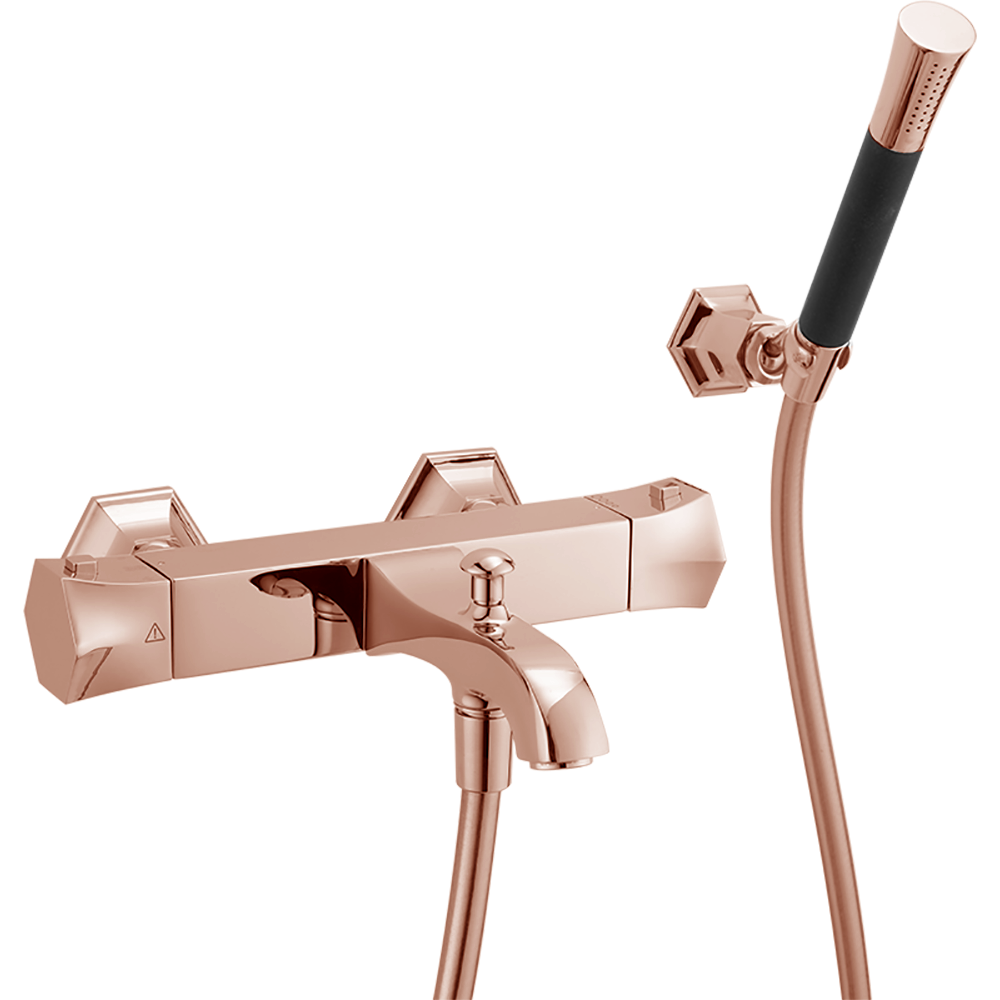 Смесители Смеситель термостатический настенный для ванны/душа с ручной лейкой, держателем и шлангом, цвет золото розовое/черный матовый 
