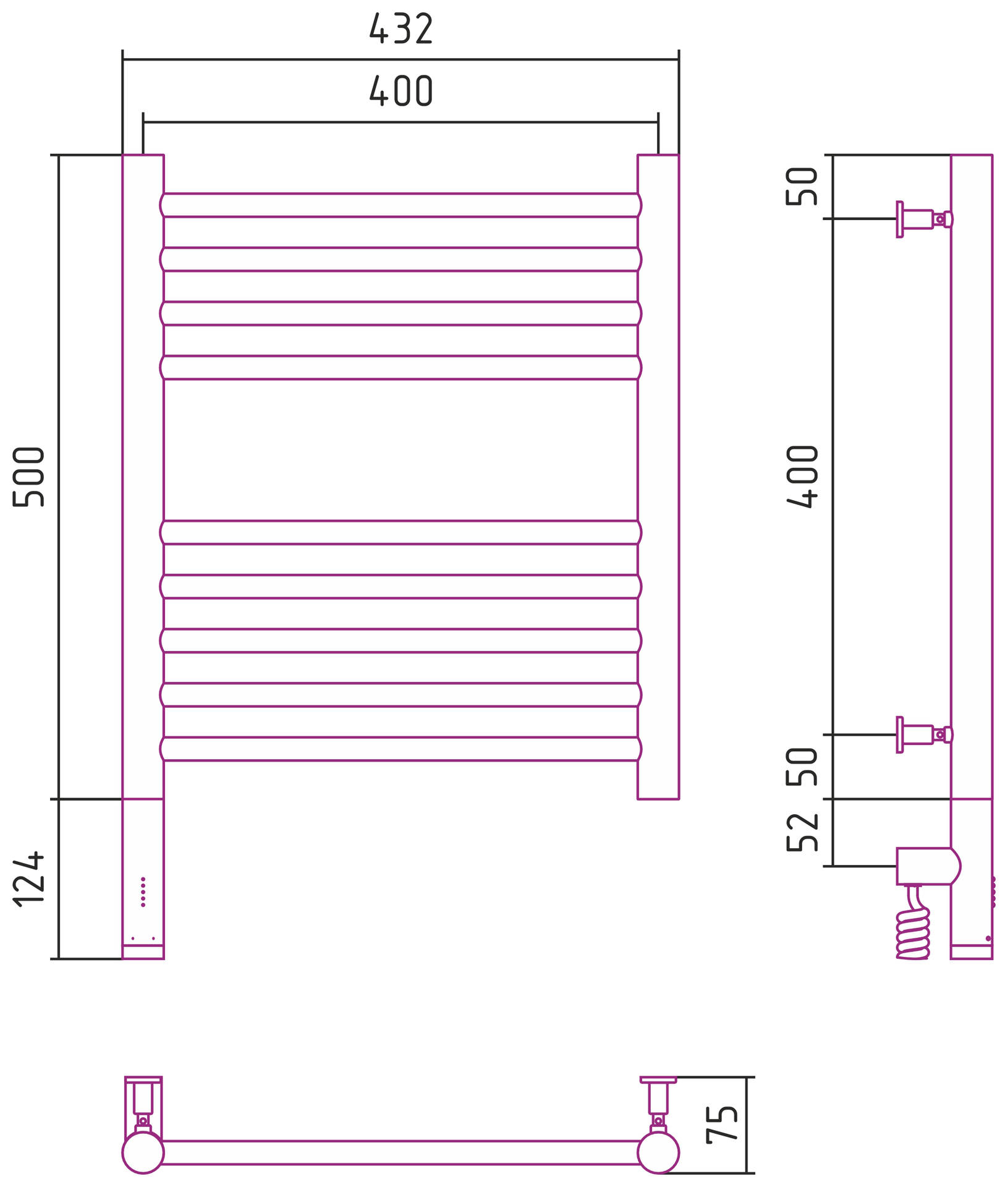 Полотенцесушители Радиатор электрический прямая 500х400 электрический модуль левый 