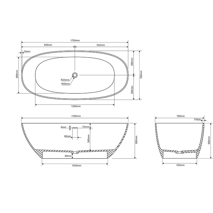 Ванны Ванна 1700х780хh560 мм отдельностоящая, цвет белый 