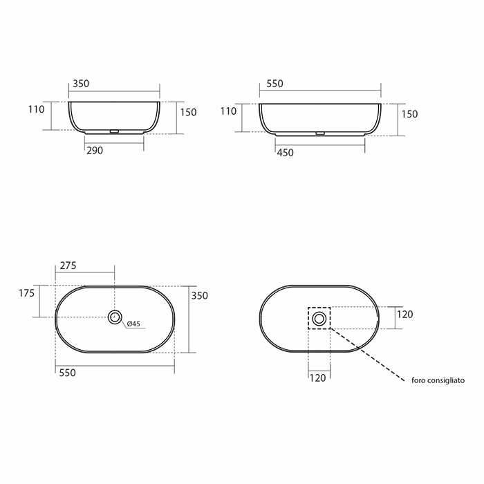 Раковины Раковина накладная 55х35 см, без отверстий под смеситель, цвет белый глянцевый 