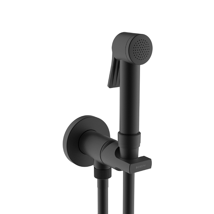 FLAT Гигиенич комплект c монокомандным смесителем: лейка, держатель, шланг армиров нейлон 125 см, цвет черный матовый