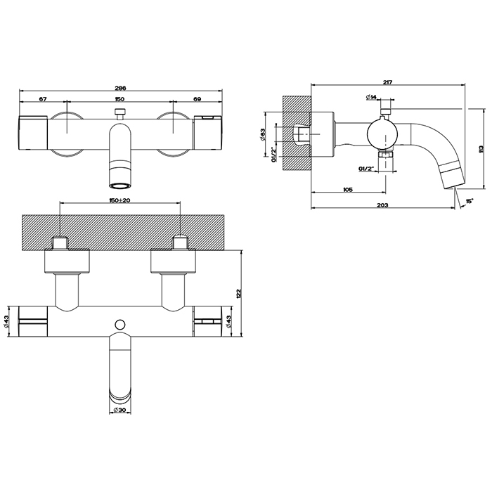 Смесители Смеситель-термост наружный для ванны с автоматическим переключателем ванна-душ, цвет Black XL 