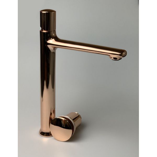 Высокий однорычажный смеситель для раковины (излив 18,5 см), с донным клапаном click-clack, цвет глянцевая медь