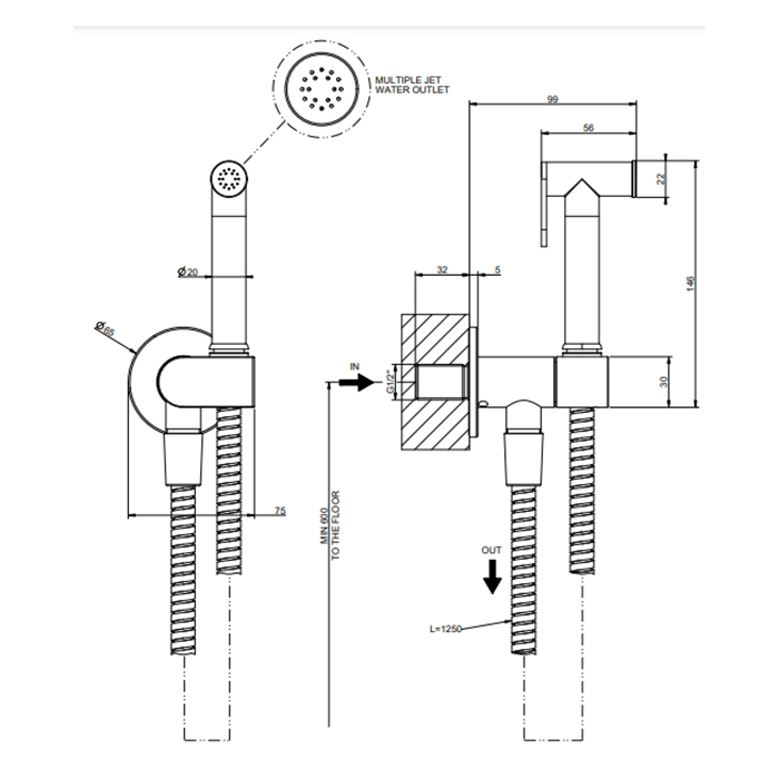Смесители Гигиенический душ, шланг 1250 мм, цвет Black Metal Brushed PVD 
