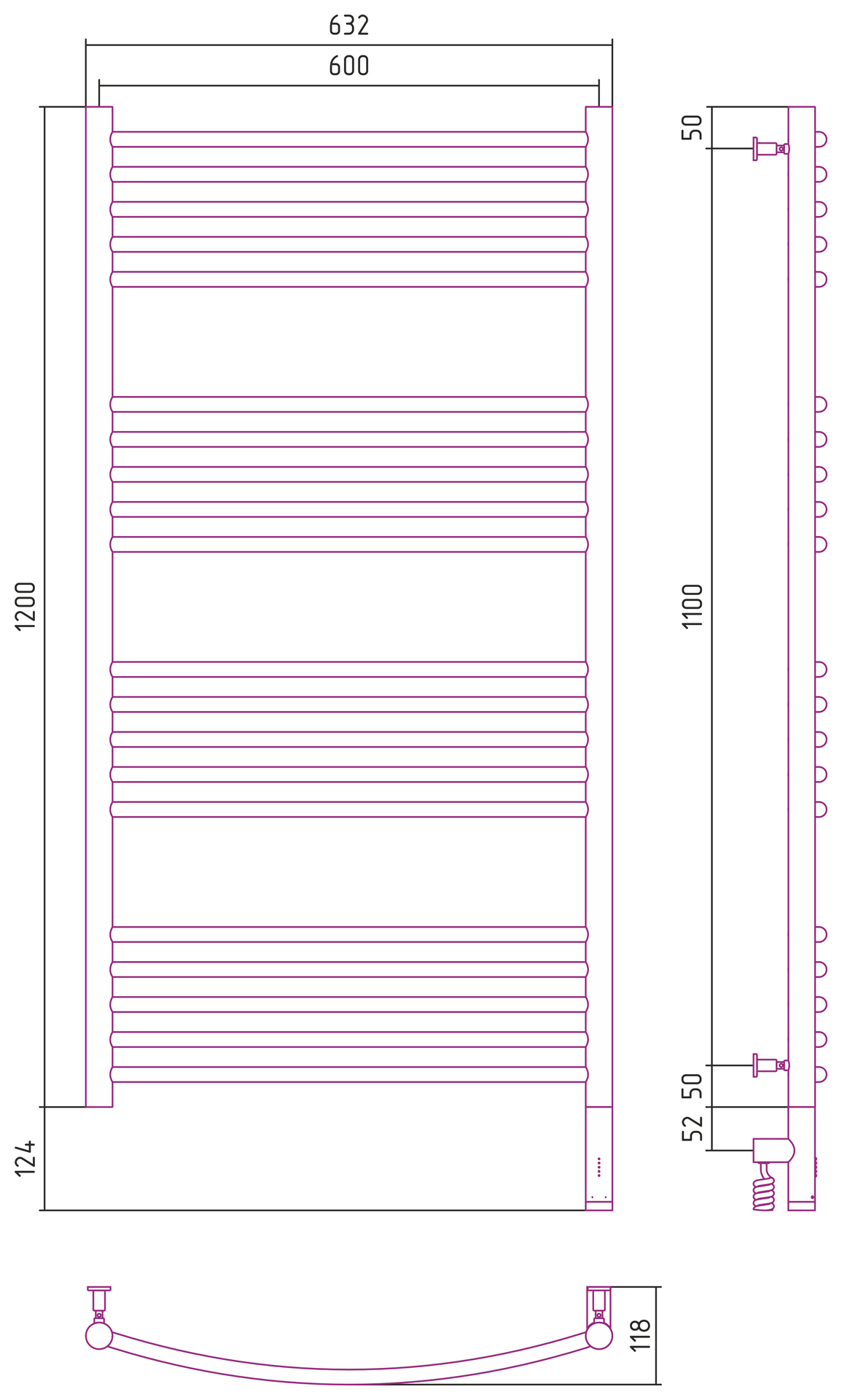 Полотенцесушители Радиатор электрический 1200х600 электрический модуль правый 