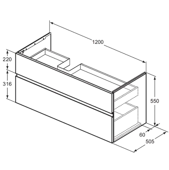 Мебель для ванной Тумба подвесная 120х50 см L, 2 ящика softclose,ручка-паз,без сифона EE23033967. Для раковин E2632,E2706,E2697 Ribbed Matt ashblue Lacquered 