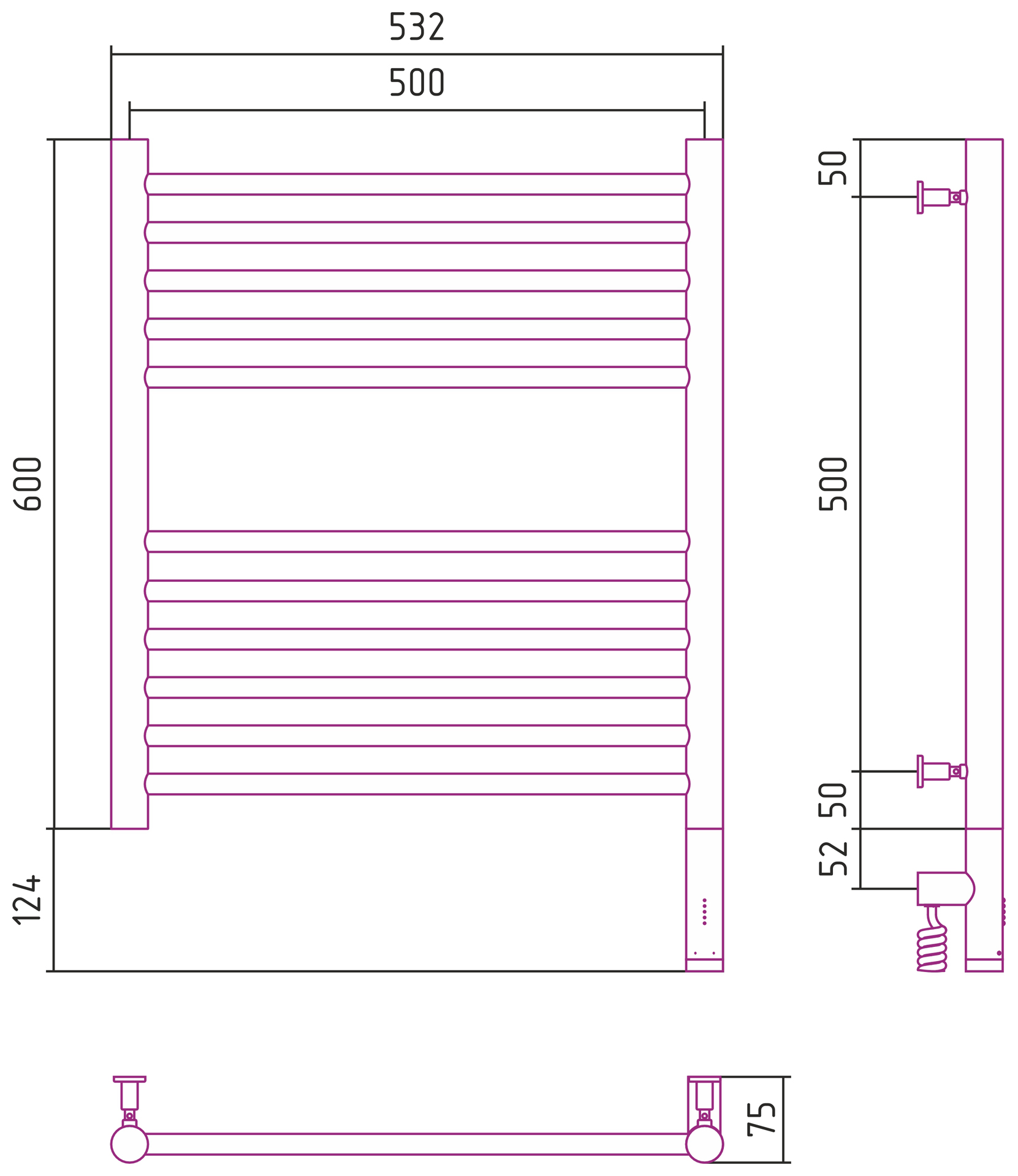 Полотенцесушители Радиатор электрический прямая 600х500 электрический модуль правый 