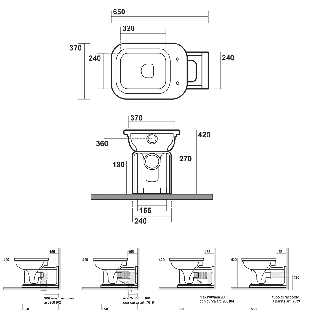 Унитазы Унитаз напольный пристенный удлиненый Prolungato 65х37см, цвет черный матовый, можно комбинировать с высоким и средним бачком 