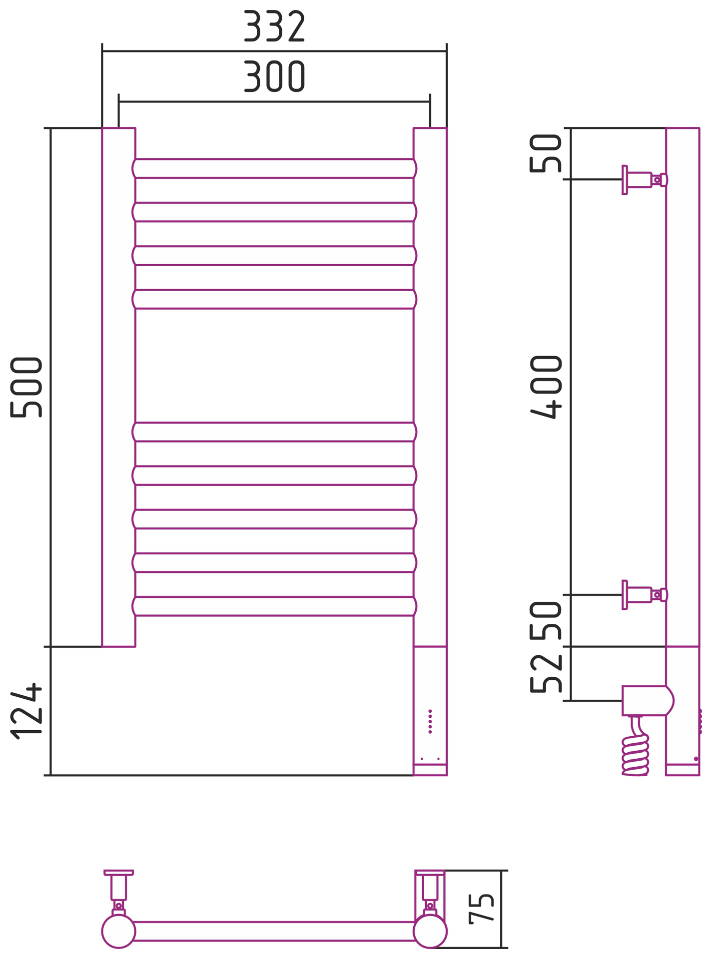 Полотенцесушители Радиатор электрический прямая 500х300 электрический модуль правый 