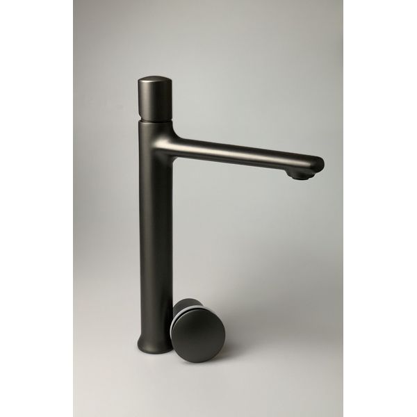 Высокий однорычажный смеситель для раковины (излив 18,5 см), с донным клапаном click-clack, цвет графит