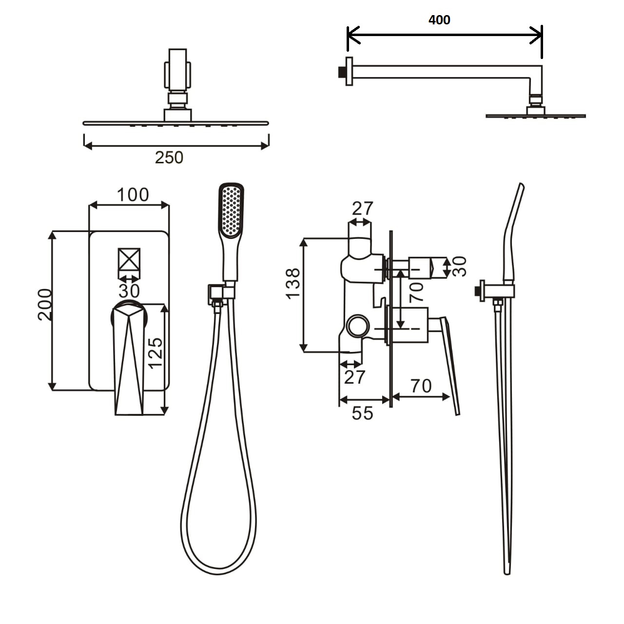 Смесители Смеситель встроенный + верхний душ + ручной душ Shine Gun Metall 