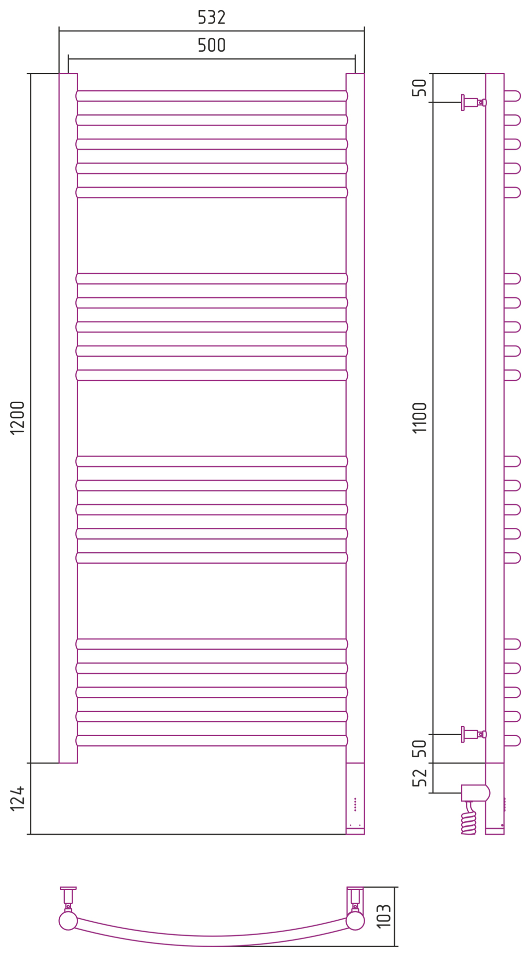 Полотенцесушители Радиатор электрический 1200х500 электрический модуль правый 