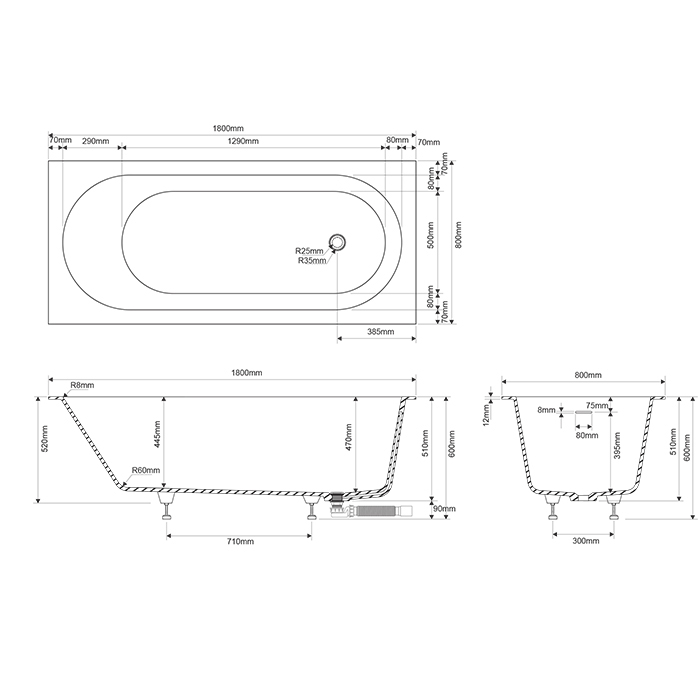 Ванны  Ванна 1800х800хh580 мм встраиваемая, цвет белый (цена по АКЦИИ) 
