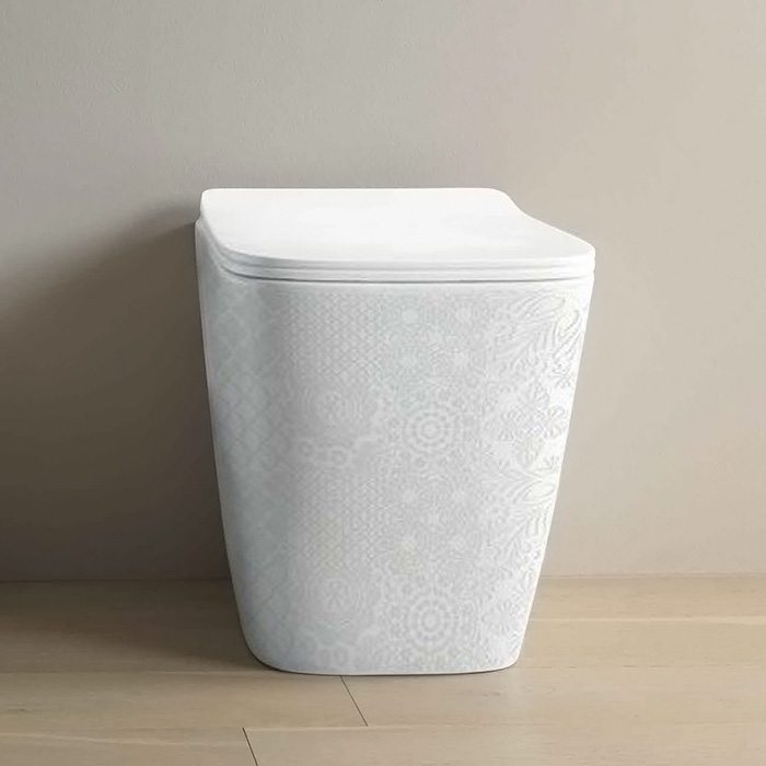 Унитазы Унитаз напольный 360х520 мм., приставной, безободковый, в комплекте с крепежом, цвет белый глянцевый, декор Cementina 