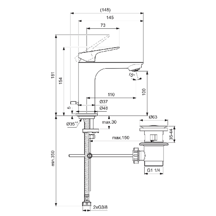Смесители Смеситель для раковины H100, с донным клапаном, цвет хром 