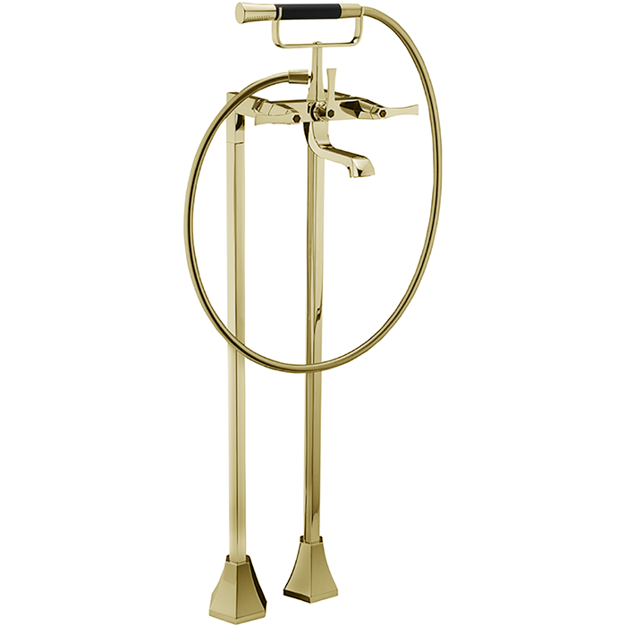 Смесители Смеситель напольный двухвентильный для ванны с ручной лейкой, держателем и шлангом 150 см, цвет золото/черный матовый 