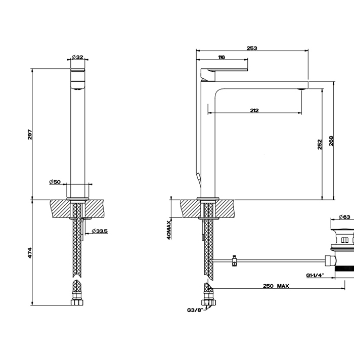 Смесители Смеситель для раковины высокий с донным клапаном и соединительными шлангами, цвет Finox Brushed Nickel 