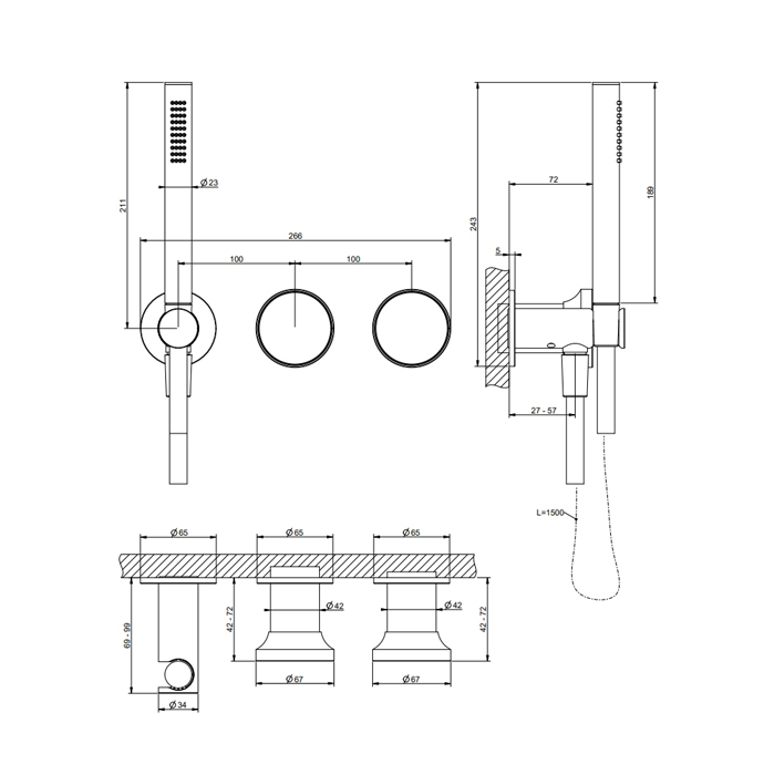 Смесители Смеситель для ванны встраиваемый на 2 выхода, с ручной лейкой, цвет хром (внешняя часть) 