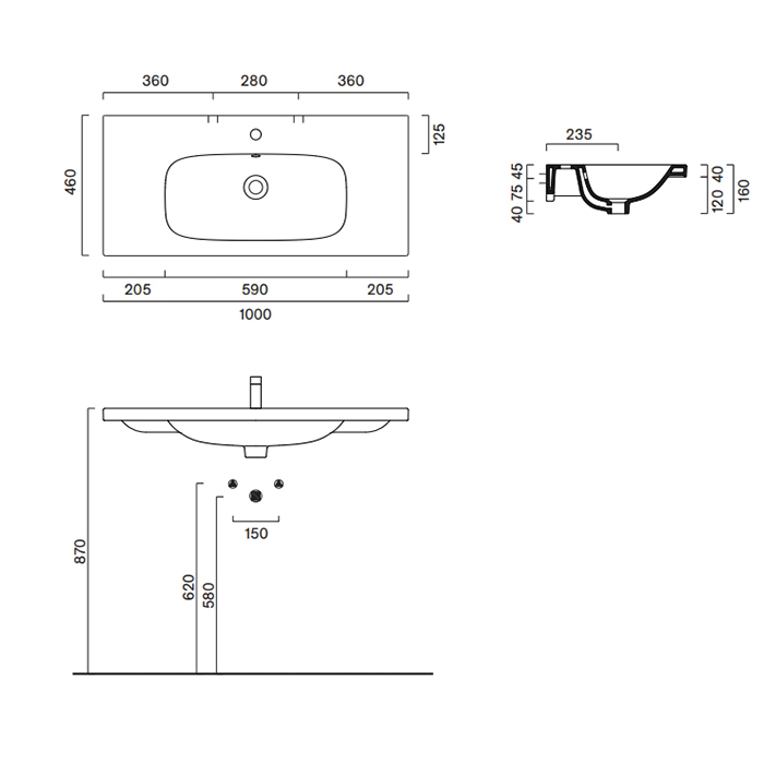 Раковины Раковина 100x46, без отверстий под смеситель, покрытие Cataglaze+, цвет белый глянцевый 