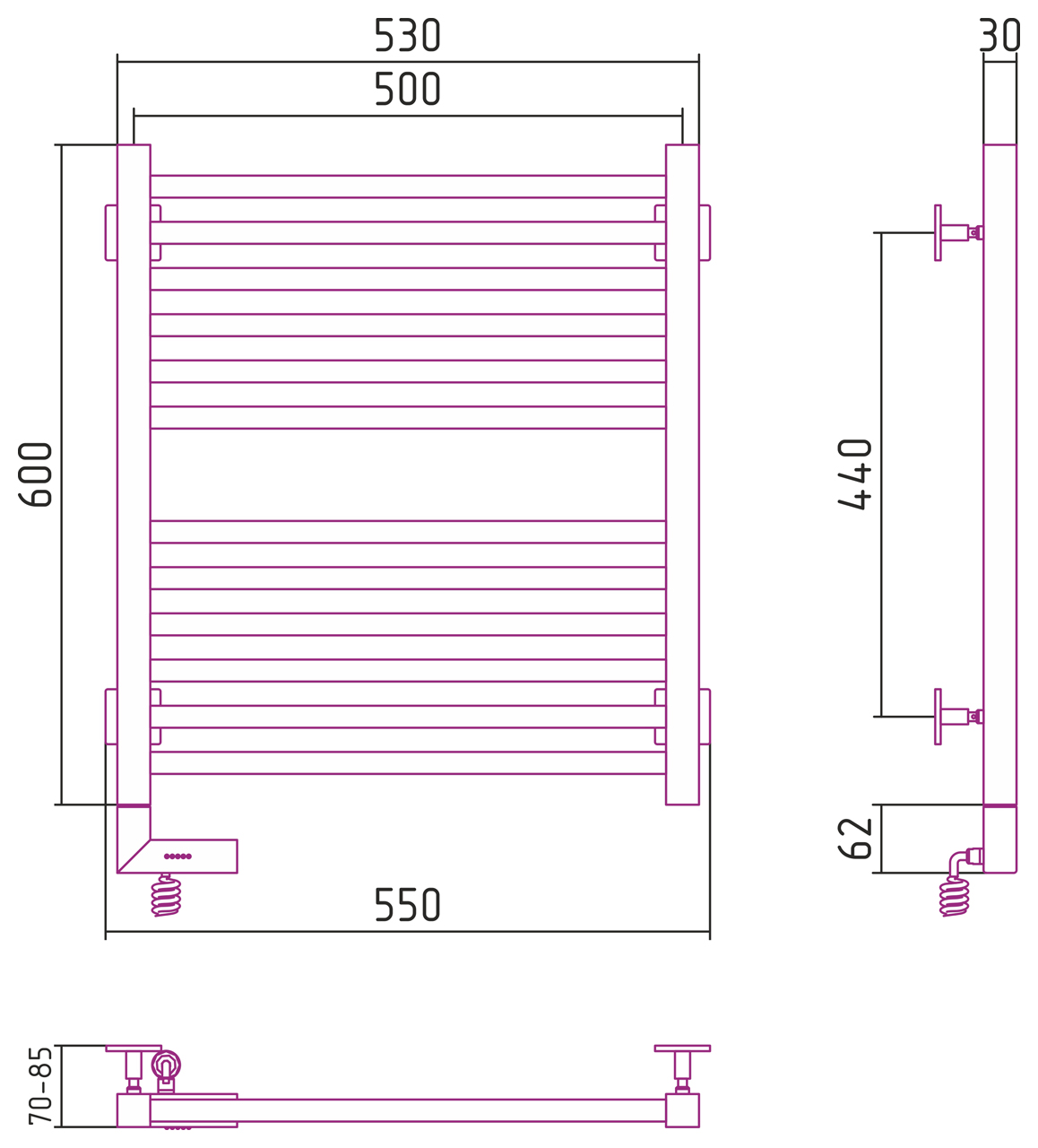 Полотенцесушители Радиатор электрический 600х500 электрический модуль левый 