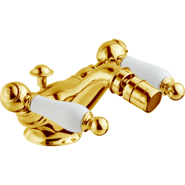 Смесители Смеситель для биде на 1 отверстие, с донным клапаном, цвет золото/белый 