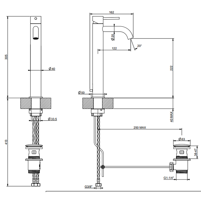 Смесители Смеситель для раковины на 1 отверстие, высокий h:222 мм, с донным клапаном, цвет: brushed black metal pvd 