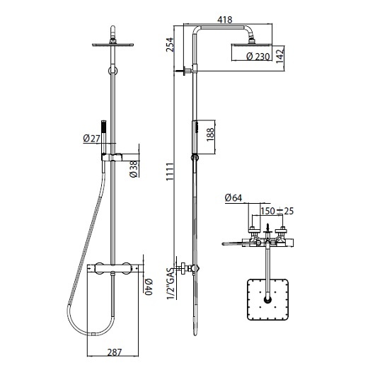 Душевая программа Душевой комплект с термостатом, верхний душ 230 х 230 мм, хром 