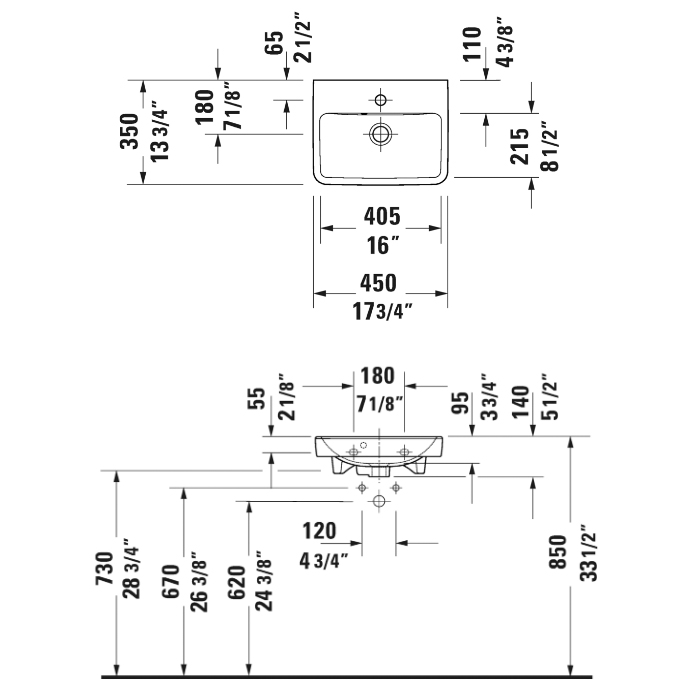 Раковины Умывальник с переливом, с 1 отверстием под смеситель 450х350 мм 