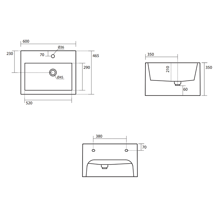 Раковины Раковина подвесная с 1 отверстием под смеситель, 60х46,5 см, цвет белый глянцевый 