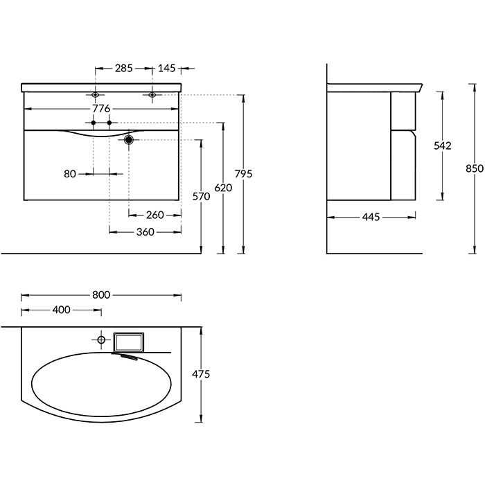 Раковины Раковина мебельная с крепежом 80x47,5x15 см, с 1 отверстием под смеситель, с переливом, цвет белый глянцевый 