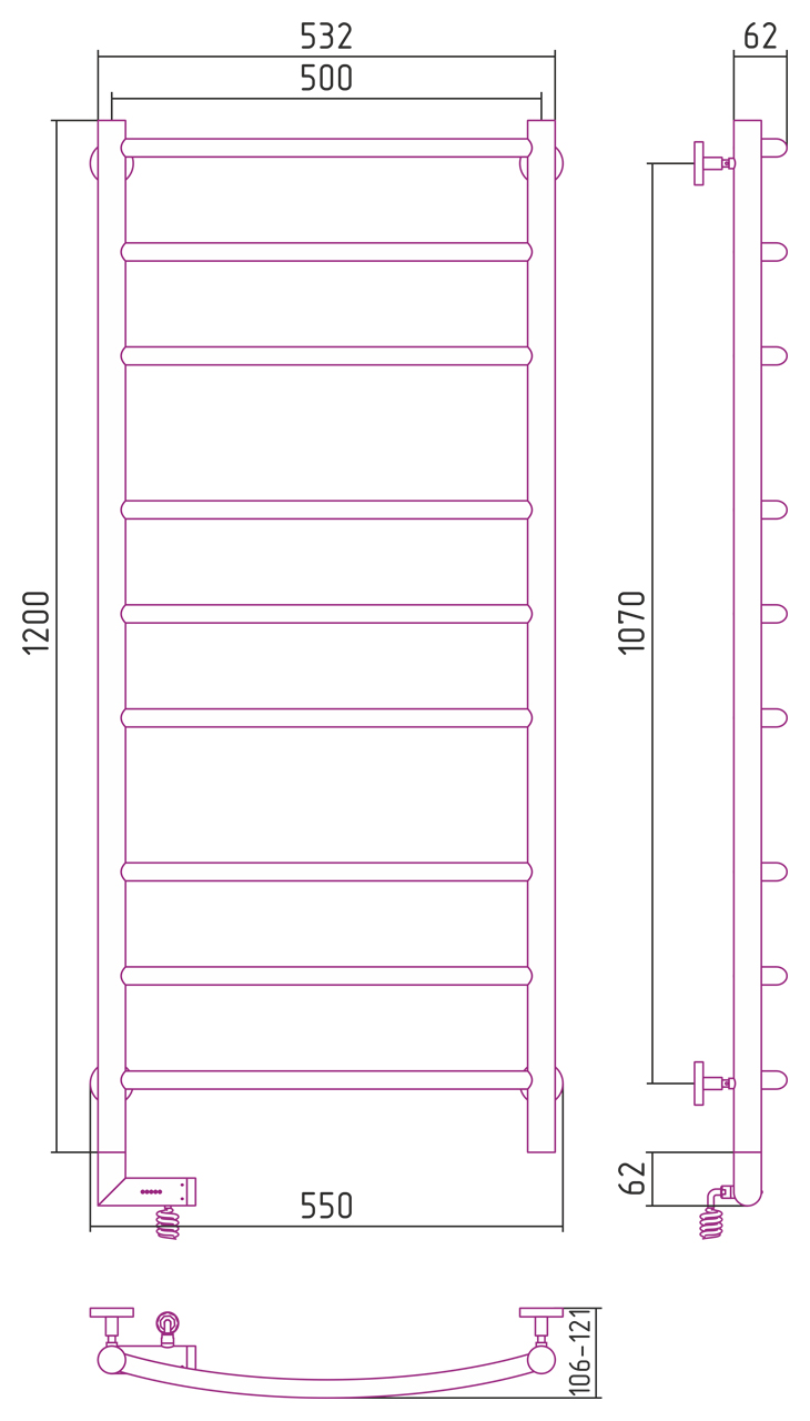 Полотенцесушители Радиатор электрический 1200х500 электрический модуль левый 