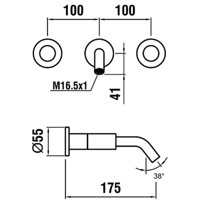 Смесители Встраиваемый смеситель для раковины на 3 отв, излив 175мм (внешние части), цвет: нержавеющая сталь (PVD) 