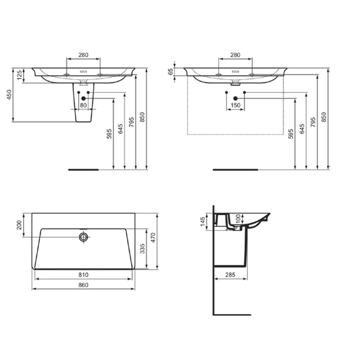 Раковины Раковина 860х470хh125 мм, подвесная/накладная, без отв, с переливом и крепежом, цвет белый глянец 