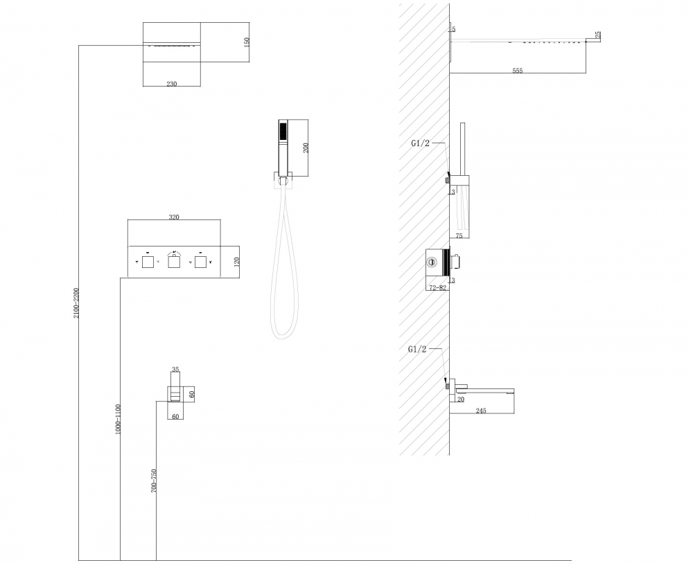 Душевая программа Душевая система скрытого монтажа с изливом, термостат, золото матовое 