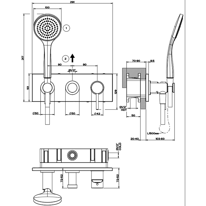 Смесители Внешние части для встр. однорычажного смесителя на 2 позиции с переключателем, подводом воды и держателем лейки, душевойлейк 