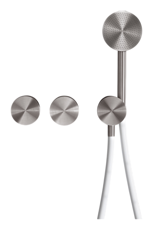 Смесители Смеситель для ванны Opus, настенный, прогрессивный, на 3 отверстия, ручной душ Ø 80 мм, шланг в цвете White, внешняя часть, сталь, цвет сатинированная сталь 
