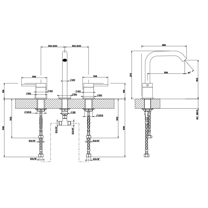 Смесители Смеситель для раковины на 3 отверстия, без донного клапана, цвет шлифованная сталь 