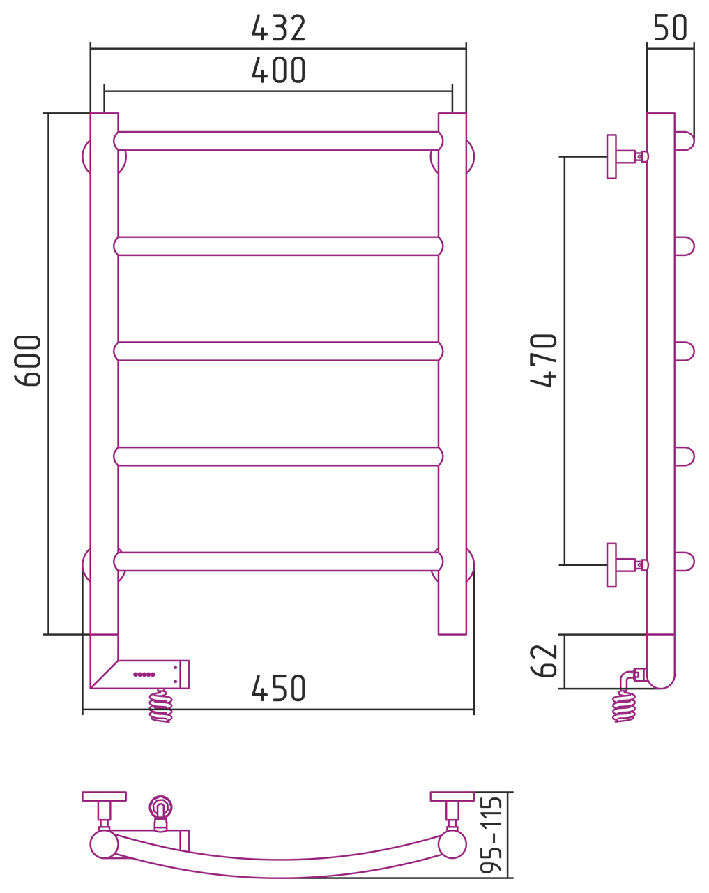 Полотенцесушители Радиатор электрический 600х400 электрический модуль левый 
