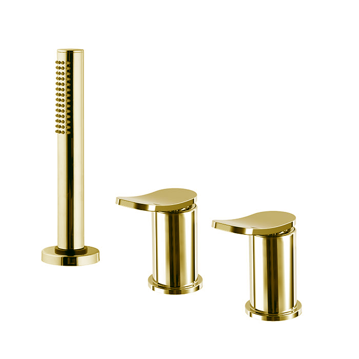 Смесители Смеситель на борт ванны, на 3 отверстия, с ручным душем, цвет золото 