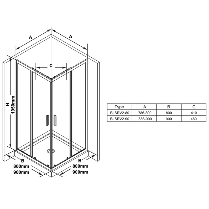 Душевые кабины и ограждения Душевое ограждение BLSRV2-90 квадратное, блестящий + транспарент 