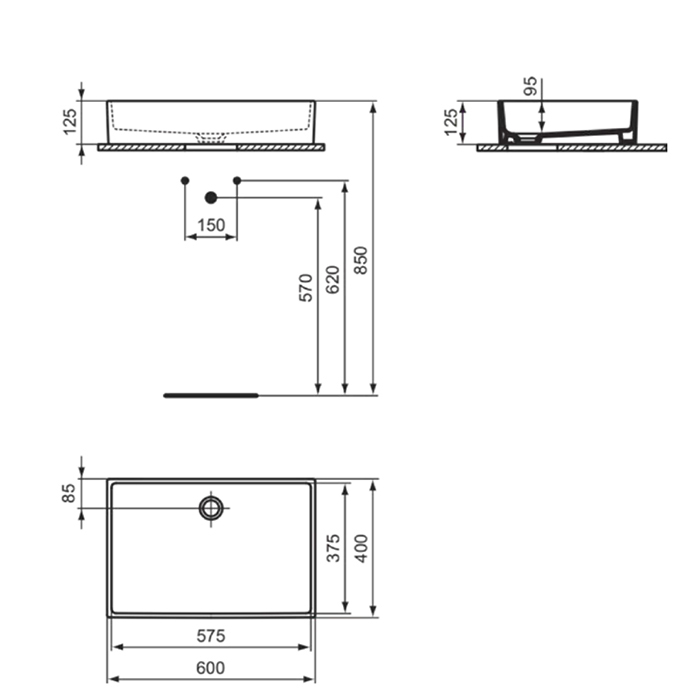 Раковины Раковина 600х400хh125 мм, накладная прямоугольная, без перелива и отв. под смеситель, с крепежом, цвет белый глянец 