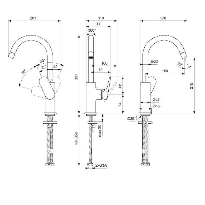 Смесители Смеситель для раковины H215, с поворотным изливом, без донного клапана, цвет хром 