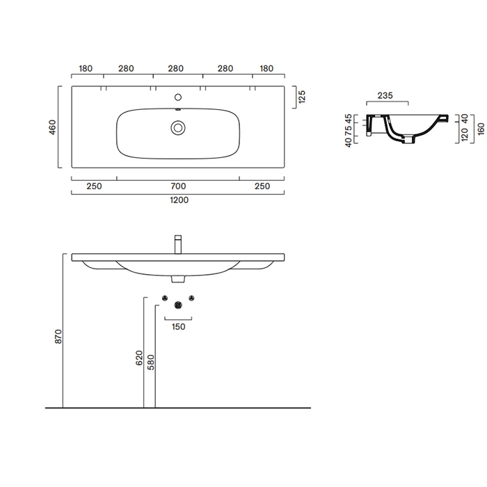 Раковины Раковина 120x46, без отверстий под смеситель, покрытие Cataglaze+, цвет белый глянцевый 