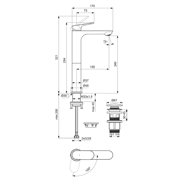 Смесители Высокий смеситель для раковины H240, технология BlueStart с донным клапаном Click Clack, цвет хром 