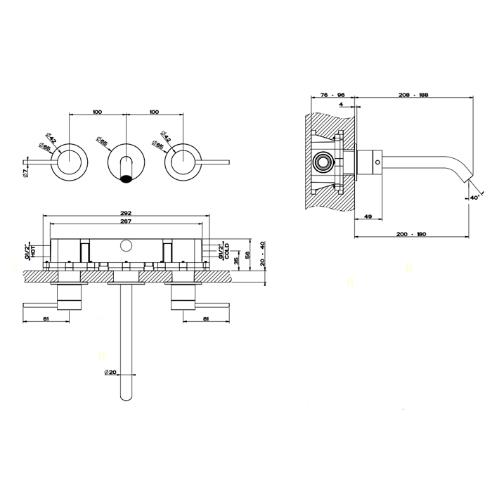 Смесители Встраиваемый смеситель для раковины на 3 отверстия с изливом, без донного клапана, цвет шлифованная сталь 